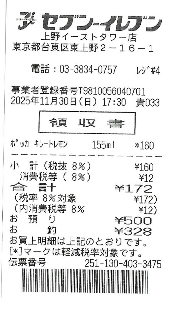 セブン-イレブン上野イースト店のレシート。
事業者登録番号に注目してみよう。